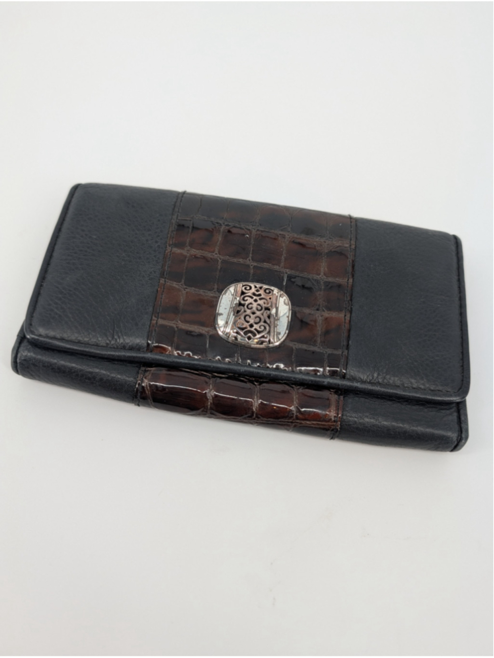 Brighton Deco Lace Large Wallet Black Brown Croc Leather Organizer Convertible